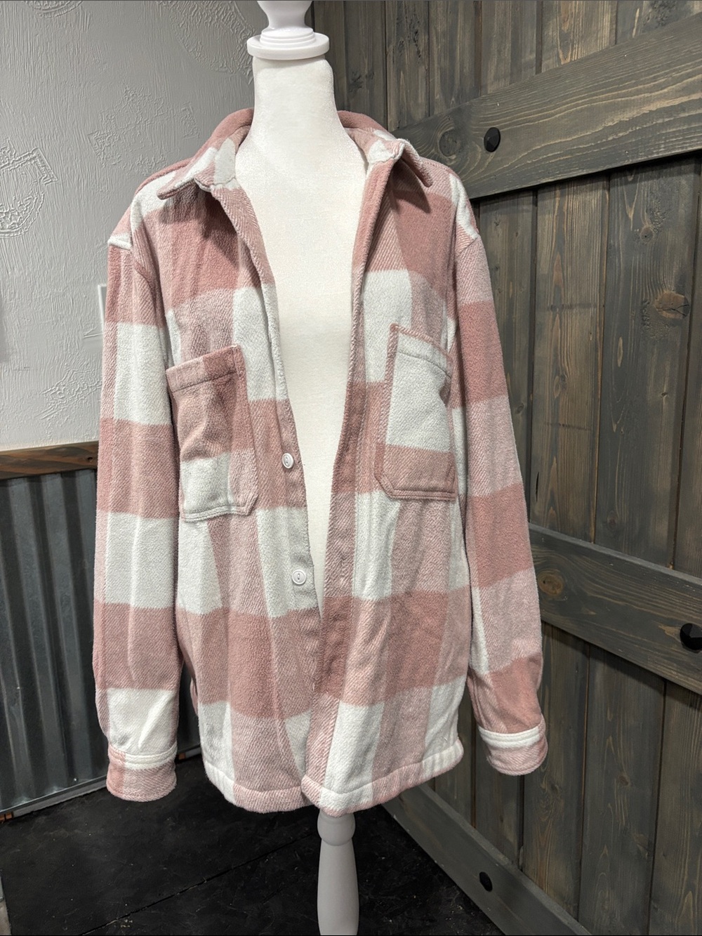 Urban Outfitters Pink and White Plaid Utility Shacket